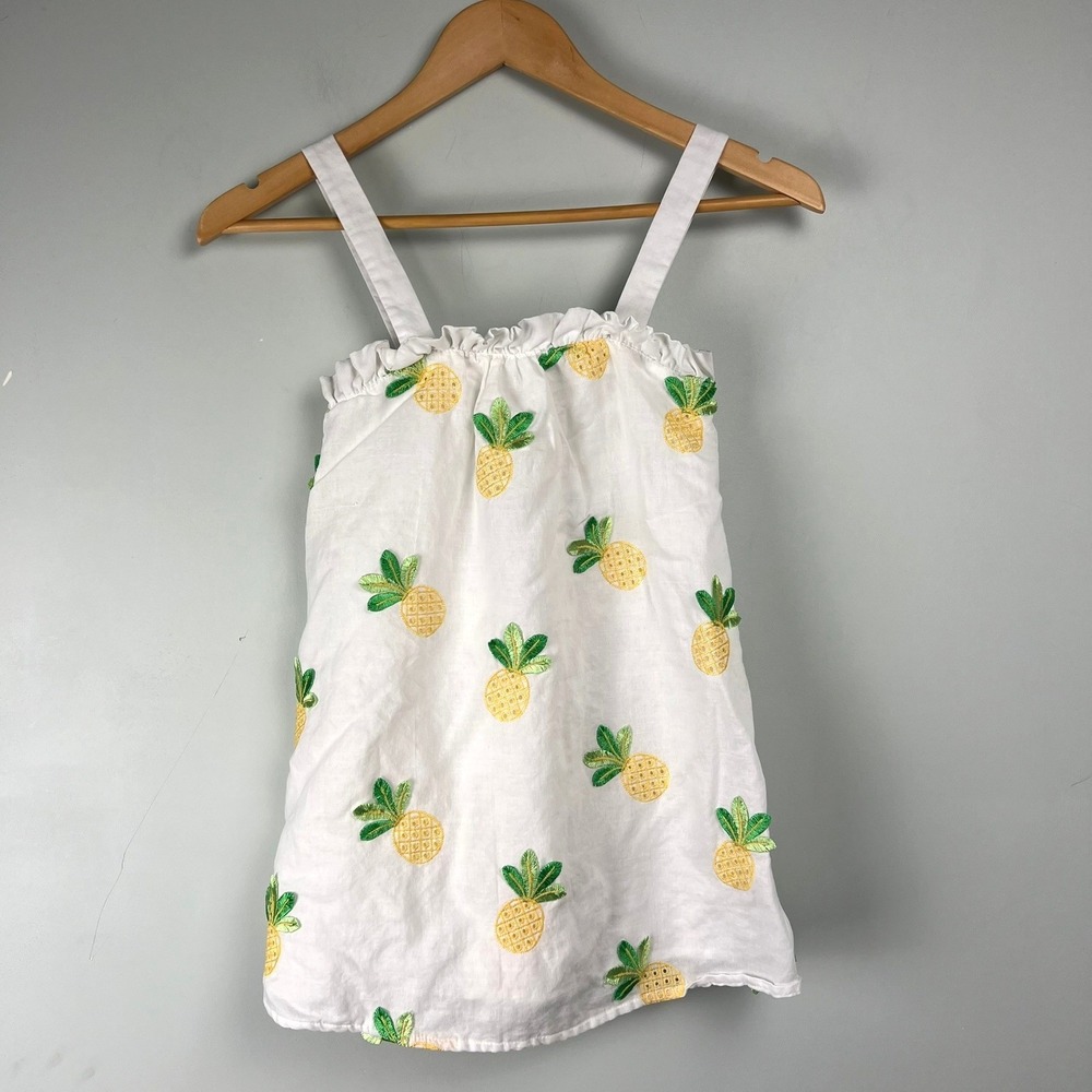 Janie and Jack Girls White Pineapple Embroidered Ramie Cotton‎ Dress Size 6